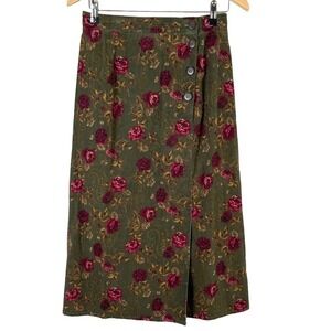 Vintage 90s Floral Corduroy Midi Skirt by Jantzen in Green Pink Moody Floral, XS